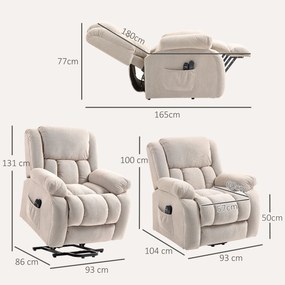 Poltrona Alzapersona Massaggiante e Reclinabile 93x104x105 cm con Telecomando in Tessuto Effetto Velluto Beige...