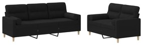 Set divani 2 pz con cuscini nero in tessuto