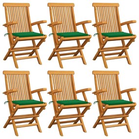 Sedie da giardino con cuscini verdi 6 pz in massello di teak