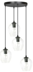 Lampadario 4 Luci Fuxi Base Tonda In Acciaio Nero E Vetri Trasparente