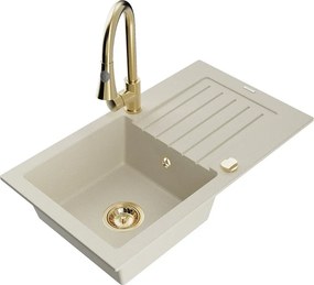 Mexen Pablo lavello in granito a 1 vasca con sgocciolatoio e rubinetto da cucina Elia, beige - 6510-69-670101-50