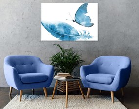 Stampa su tela – Piuma con farfalla in blu