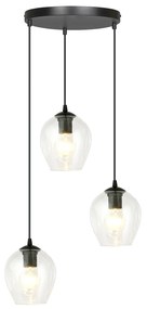 Lampadario 3 Luci Fuxi Base Tonda In Acciaio Nero E Vetri Trasparente