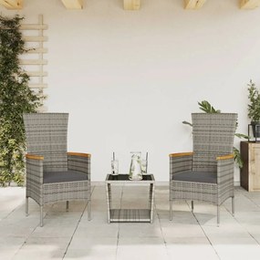 Set da Pranzo da Giardino 3 pz con Cuscini in Polyrattan Grigio