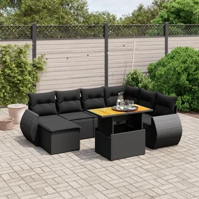 Set divani da giardino con cuscini 8 pz nero in polyrattan