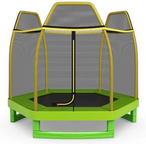 Costway Tappeto elastico 223 cm con rete di sicurezza e cuscinetto a molle, Mini tappeto elastico per bambini Verde