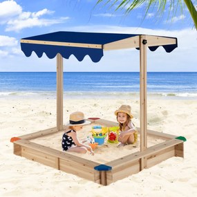 Costway Sabbiera per bambini in legno con tendina regolabile in altezza, Stazione di gioco all'aperto senza fondo 121x121x120cm