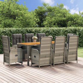 Set da pranzo da giardino 9 pz con cuscini in polyrattan grigio