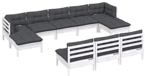 Set divani da giardino 10 pz con cuscini bianchi legno di pino