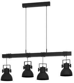 Lampadario A Sospensione Vintage Shirebrook Acciaio Nero Legno 4 Luci E27