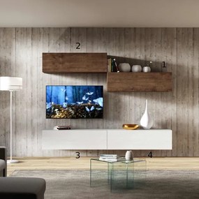 Parete attrezzata in legno sospesa moderna L268xP39.5 bianco e noce A02
