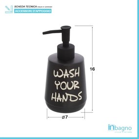 Dispenser sapone liquido linea Wash in ceramica nero opaco con scritte