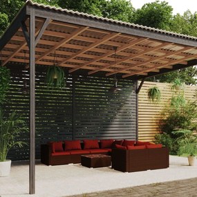 Set divani da giardino 9 pz con cuscini in polyrattan marrone