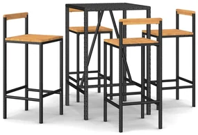 Set bar giardino 5 pz nero polyrattan e legno massello acacia