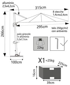 BACTRUS - ombrellone da giardino decentrato 3 x 3 m