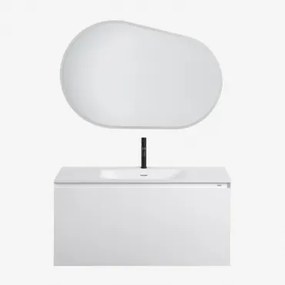 Set Mobili Da Bagno In Legno Macrae Con Lavabo Integrato Bianco & Ovalado Led Y Antivaho (100x65 Cm) Meunier & Nero ↑20 Cm & - Sklum