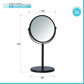 Specchio trucco da appoggio 34H in acciaio nero opaco con ingrandimento 3x