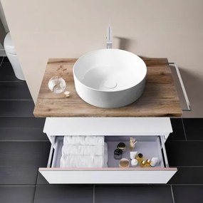 Mobile Bagno Sospeso 80 Cm Con Cassettone Bianco Mensola Rovere Lavabo E Specchio Aurora