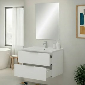 Mobile bagno sospeso 80cm bianco opaco con cassetti lavabo e specchio Elva