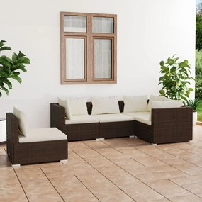 Set divani da giardino con cuscini 5 pz in polyrattan marrone