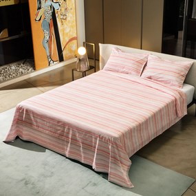 Lenzuolo piano matrimoniale righe rosa cotone percalle
