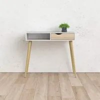 Tavolino consolle con un cassetto e un vano aperto, colore bianco e rovere, cm 103 x 89 x 43