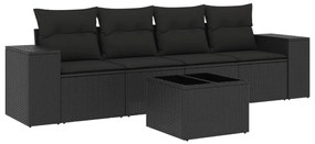 Set divani da giardino 5 pz con cuscini in polyrattan nero
