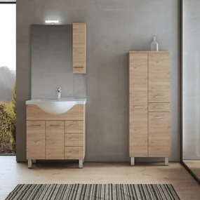 Mobile Bagno a Terra 85 Cm Due Ante Tre Cassetti Specchio Con Pensile e Illuminazione Led Savini "Gaia 1"
