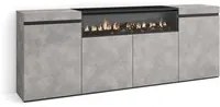 Credenza, Mobile soggiorno 200x75x35cm, 4 Porte, Camino elettrico, Stile moderno, Cemento