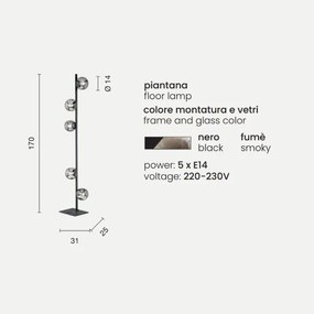 Piantana in metallo Nero con 5 diffusori in vetro Fumč MONILE H170 cm