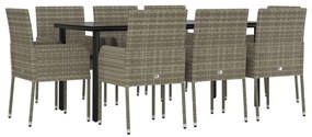 Set da pranzo giardino 9pz con cuscini nero e grigio polyrattan