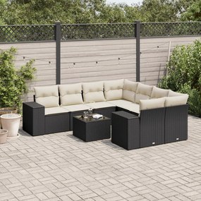 Set divani da giardino 9 pz con cuscini nero in polyrattan