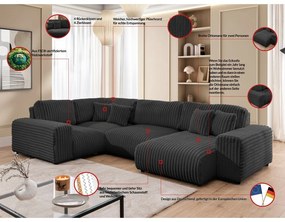 Divano angolare grigio scuro (con penisola a sinistra/a U) rivestito in velluto a coste Justin – Ropez