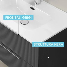 Mobile bagno sospeso 80 cm bicolore grigio cannettato e nero con lavabo e specchio tondo Zena