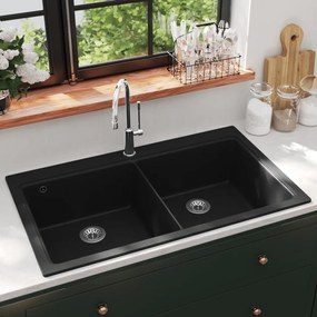 Lavandino Cucina Granito Nero Doppio Con Montaggio Sopra /