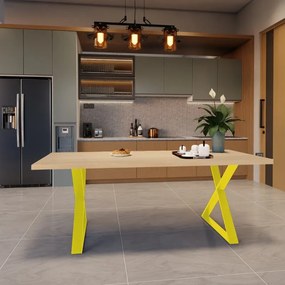 Tavolo da pranzo fisso in legno massello di faggio grezzo 150X90X3 cm, 2 gambe Cross giallo