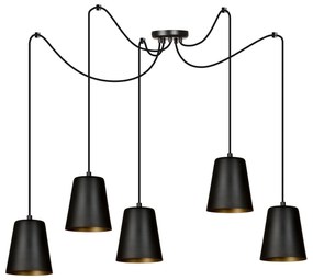 Lampadario 5 Luci Link In Acciaio Nero Cavo Lungo E Paralumi Cono Nero E Oro