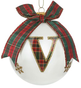 Pallina Natale lettera V tartan vetro 10 cm