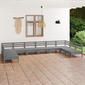 Set salotto da giardino 10 pz grigio in legno massello di pino