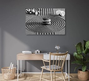 Stampa su tela – Giardino giapponese con elementi Feng Shui in bianco e nero