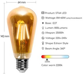 Lampadina LED ST64 E27/8W/230V 2200K - Aigostar