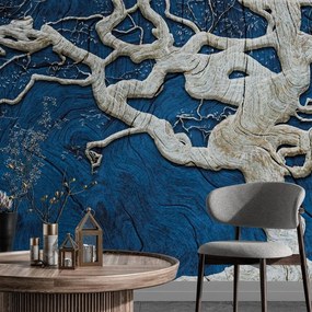 Carta da parati – Albero Astratto su Legno con Contrasto Blu