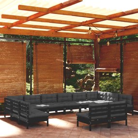 Set divani da giardino 12 pz con cuscini neri massello di pino