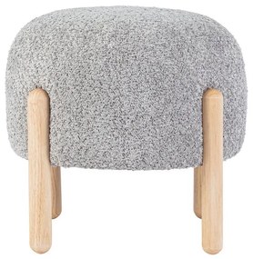 Pouf DAYLA in tessuto grigio chiaro effetto bouclé e gambe in legno rubber wood