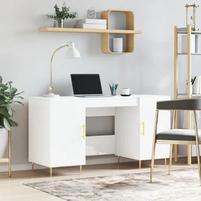 Scrivania Bianco Lucido 140x50x75 Cm İn Legno Multistrato /