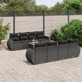 Set divani da giardino 9 pz con cuscini nero in polyrattan