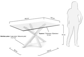 Kave Home - Tavolo Argo di vetro e gambe in acciaio con finitura bianca 180 x 100 cm