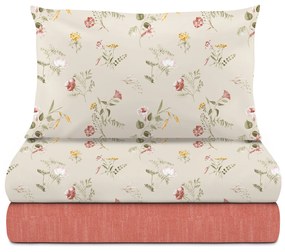 Completo letto 1 piazza e mezza fiori beige cotone Meredith