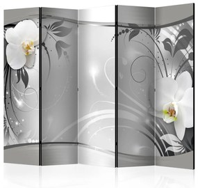 Paravento design Astrazione argentea II - orchidee su sfondo argentato con ornamenti