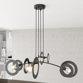 Lampadario 4 Luci Crono In Acciaio Nero A Bracci E Diffusori A Doppio Cerchio